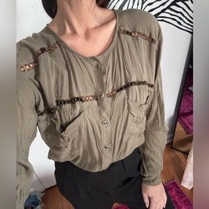 Free People Khaki Button-Down Shirt with Cutout Details